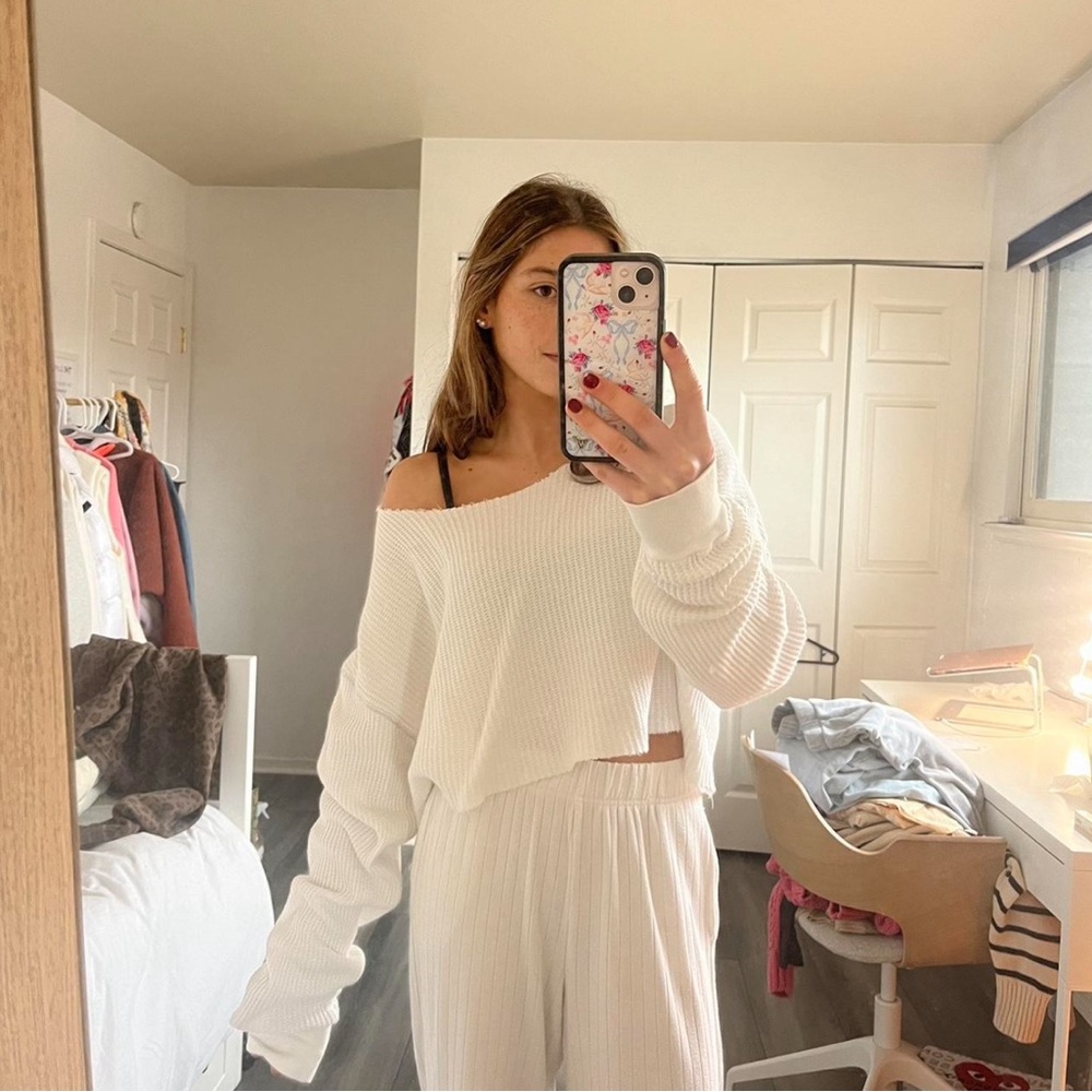 White Off-Shoulder Knit Sweater Brandy Melville
